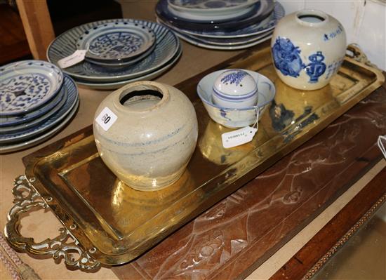 Chinese carved hardwood panel and brass tray and 9 Nepalese plates and a small bowl (faults)